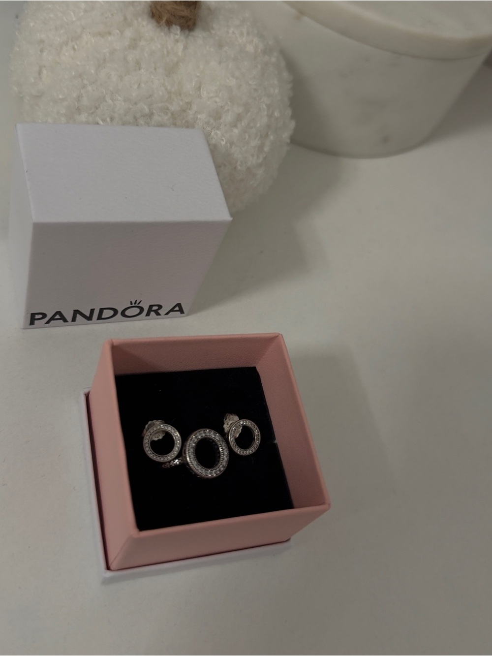 Pandora Silver Circle Necklace and Earrings Set with Clear Stones